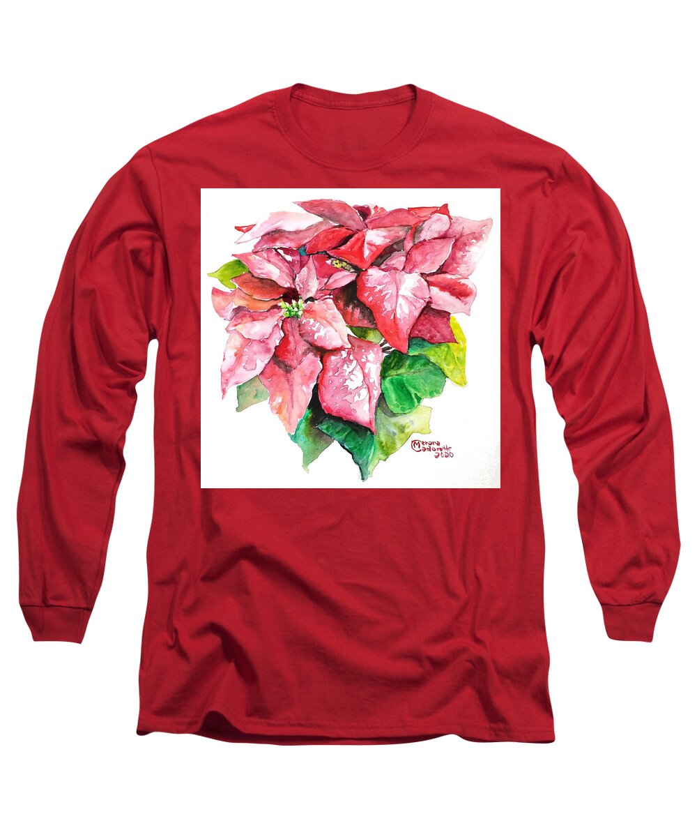 Poinsettia Long Sleeve T-Shirt featuring the painting Red Poinsettia by Merana Cadorette