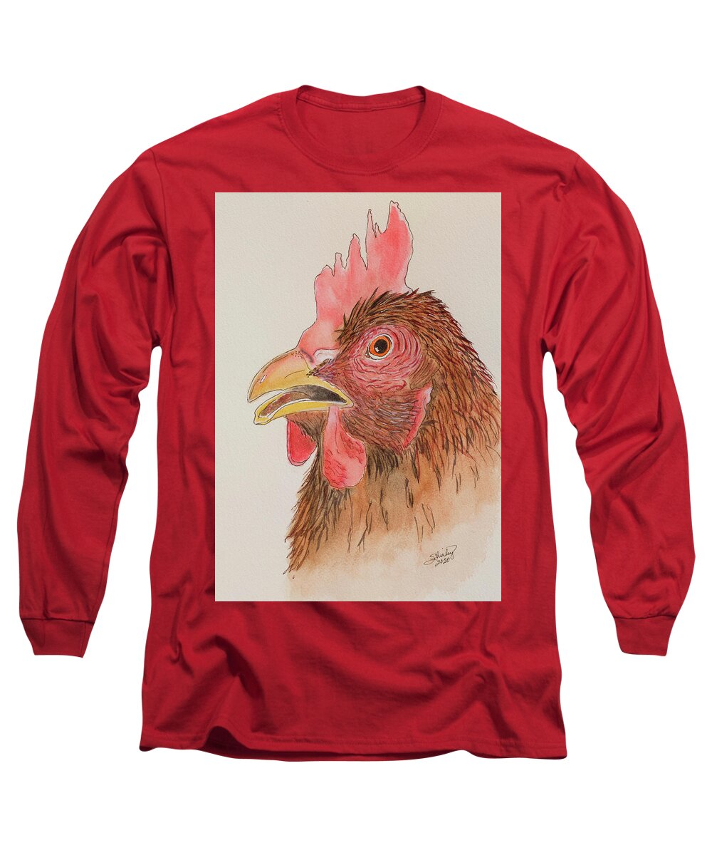 Rooster Long Sleeve T-Shirt featuring the mixed media Rooster by Shirley Dutchkowski