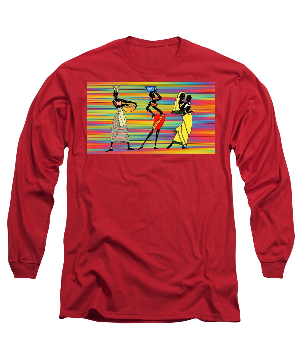African Long Sleeve T-Shirt featuring the painting Stylized African Women by Nancy Ayanna Wyatt