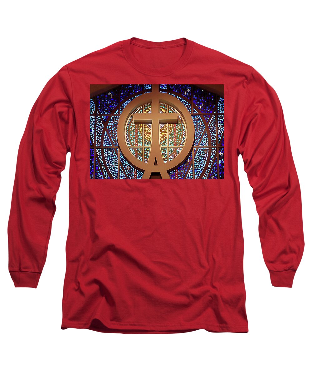 Cross Church Sunday Morning Stained Glass Lent Spiritual Long Sleeve T-Shirt featuring the photograph Sunday Morning in church by Nora Martinez
