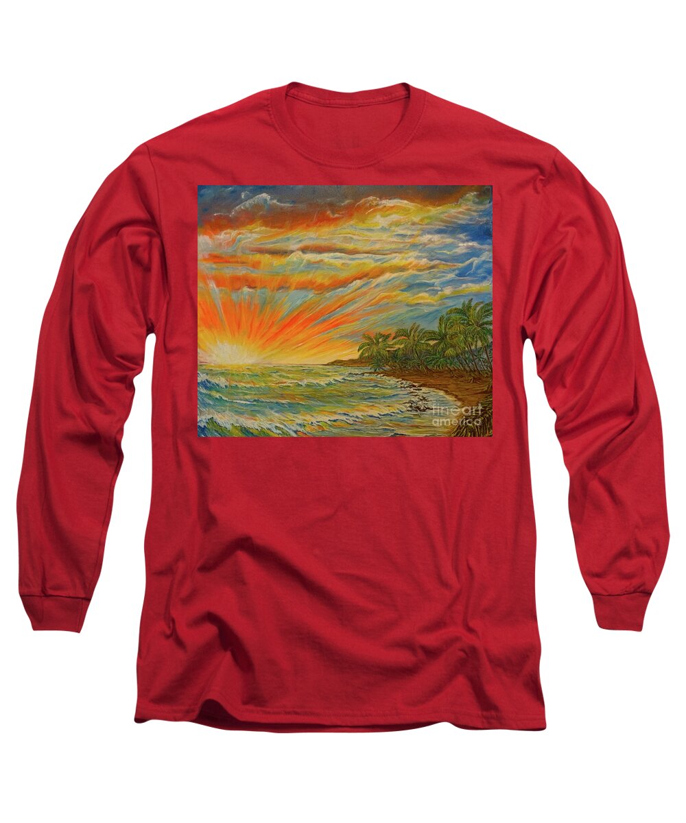Brilliant Sunset Beach Sunset Long Sleeve T-Shirt featuring the painting Sunset at Kumu nul Kahakai by Michael Silbaugh