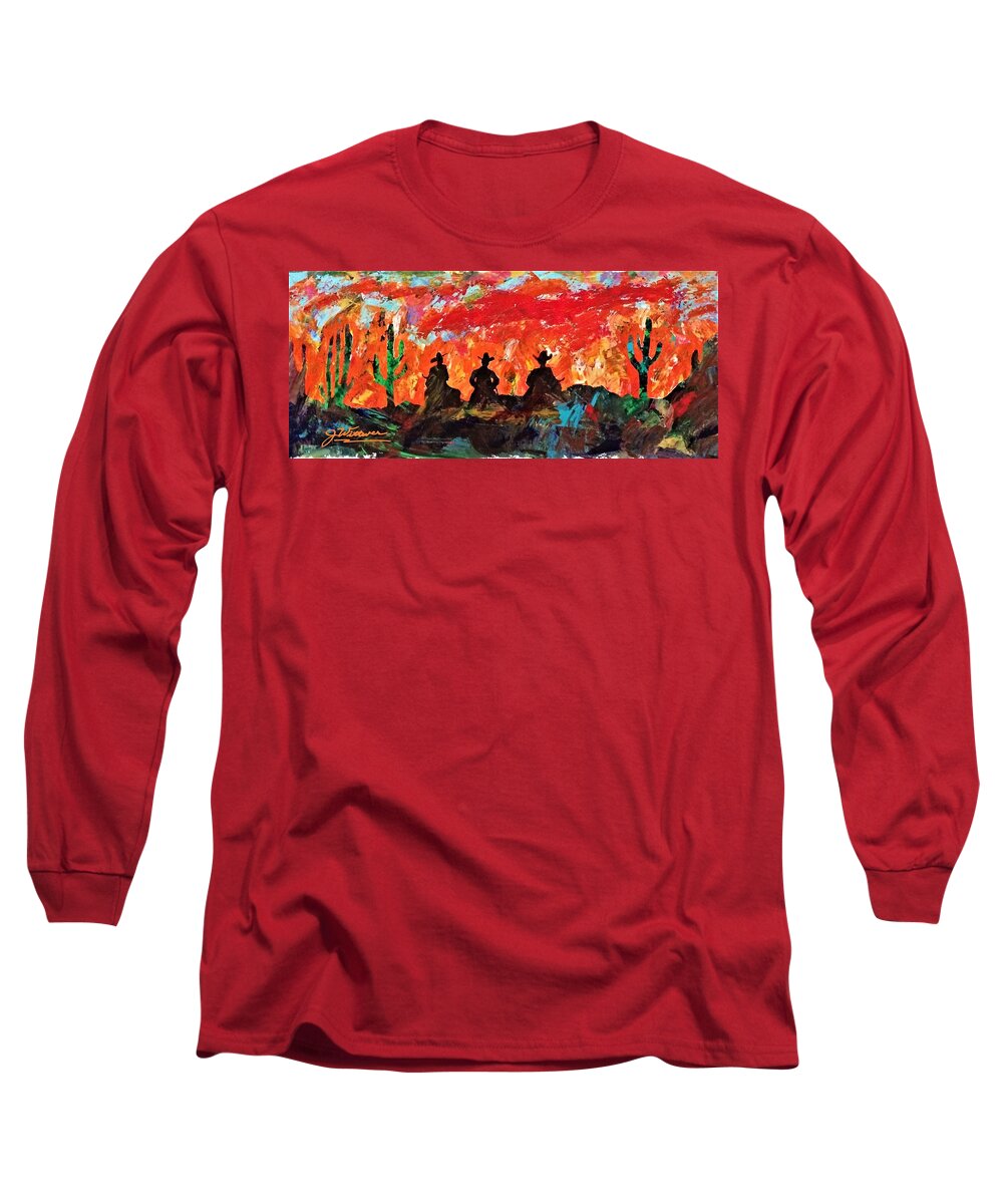 Cowboys Long Sleeve T-Shirt featuring the painting Sunset Cowboys by Julie Wittwer