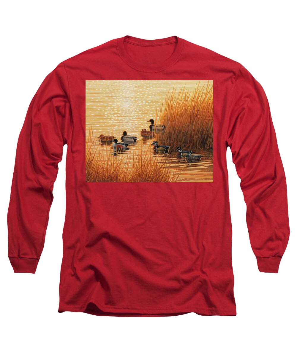 Ducks Long Sleeve T-Shirt featuring the painting Sunset Mixer by Guy Crittenden