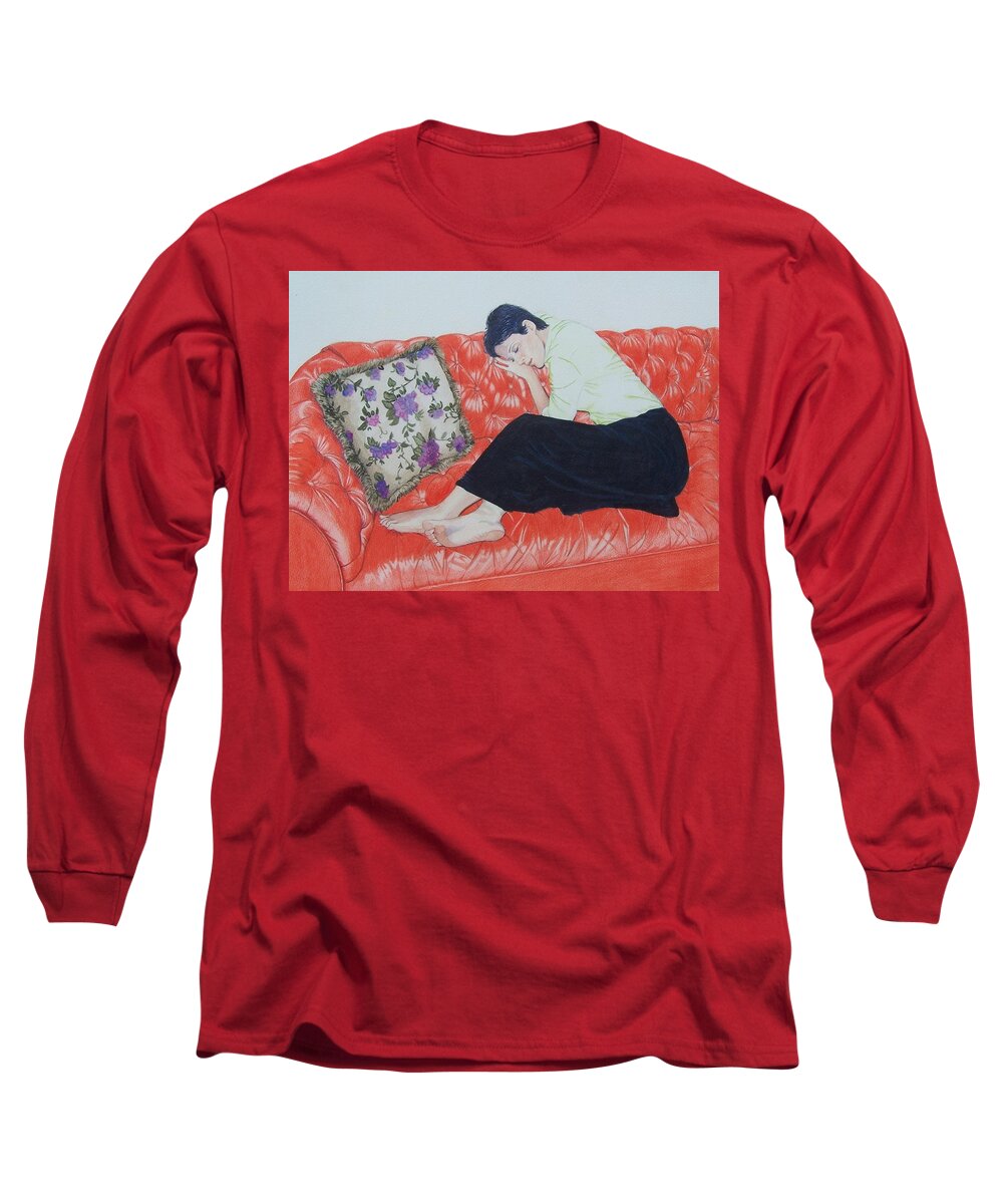 Red Long Sleeve T-Shirt featuring the mixed media The red sofa by Constance Drescher