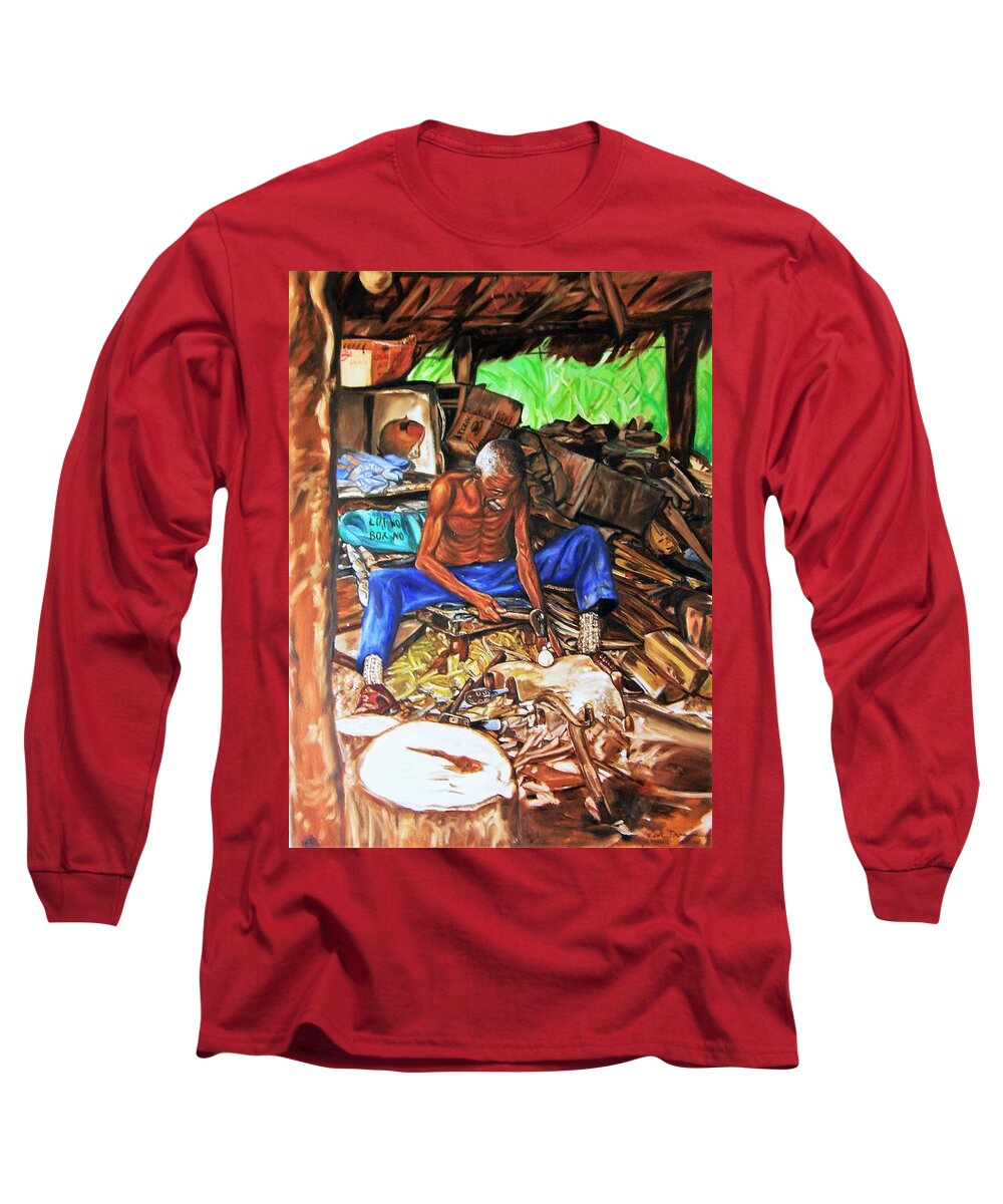 African Woodcarver Long Sleeve T-Shirt featuring the painting The Wodcarver by Victor Thomason