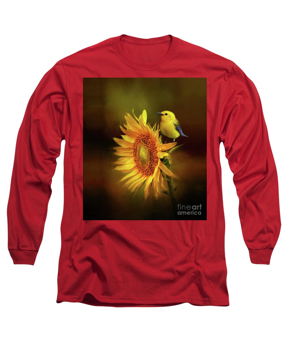 Yellow Warbler Long Sleeve T-Shirt featuring the mixed media Warbler with Sunflower by Kathy Kelly