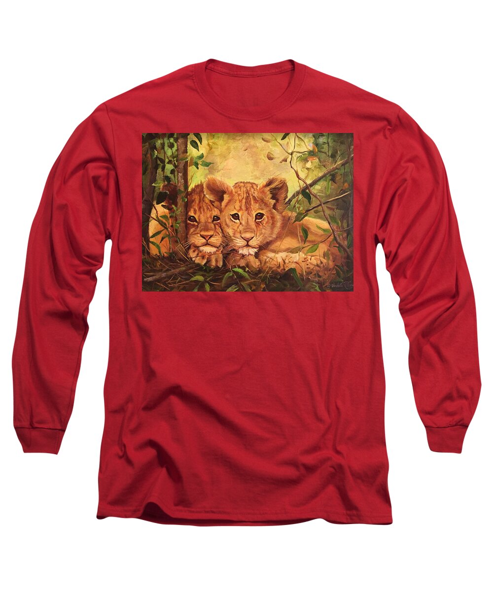 Lion Long Sleeve T-Shirt featuring the painting We See You by Judy Rixom