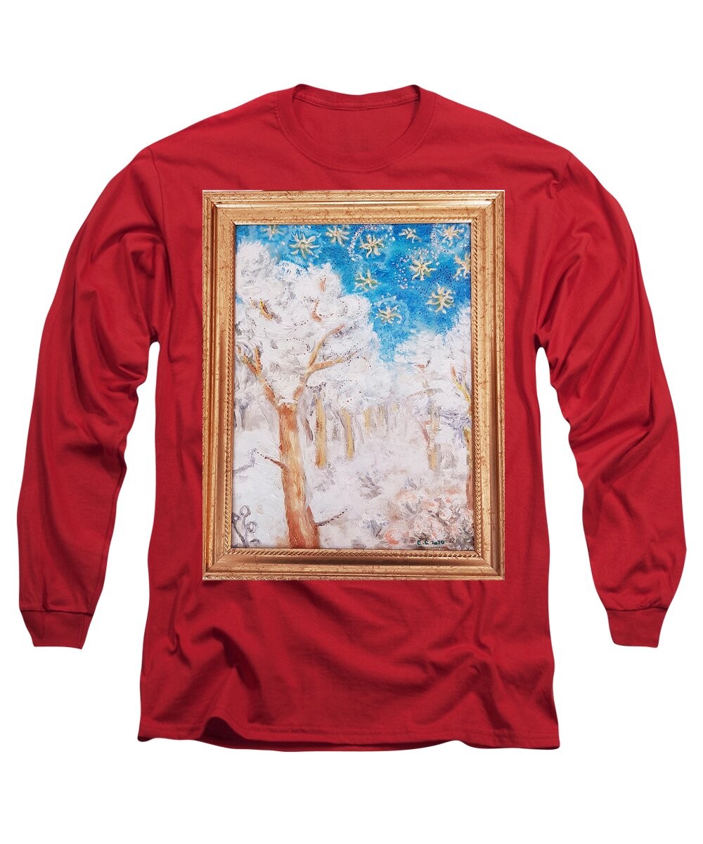 Winter Oil Landscape In A Golden Frame. Long Sleeve T-Shirt featuring the painting Winter oil landscape in a golden frame. by Elzbieta Goszczycka