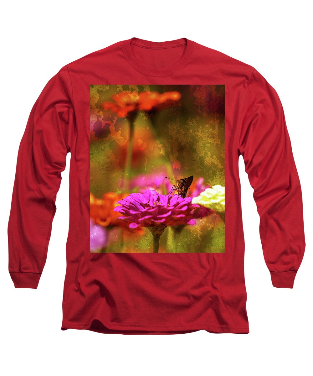 6-8-22 Long Sleeve T-Shirt featuring the photograph Zinnia with Butterfly by Sherry Kalczynski