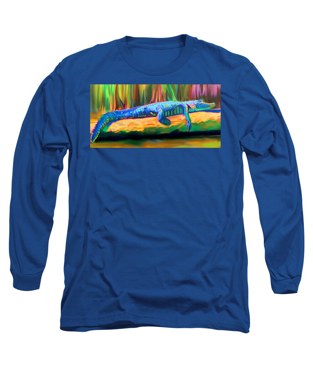 Gator Long Sleeve T-Shirt featuring the painting Blue Alligator by Deborah Boyd