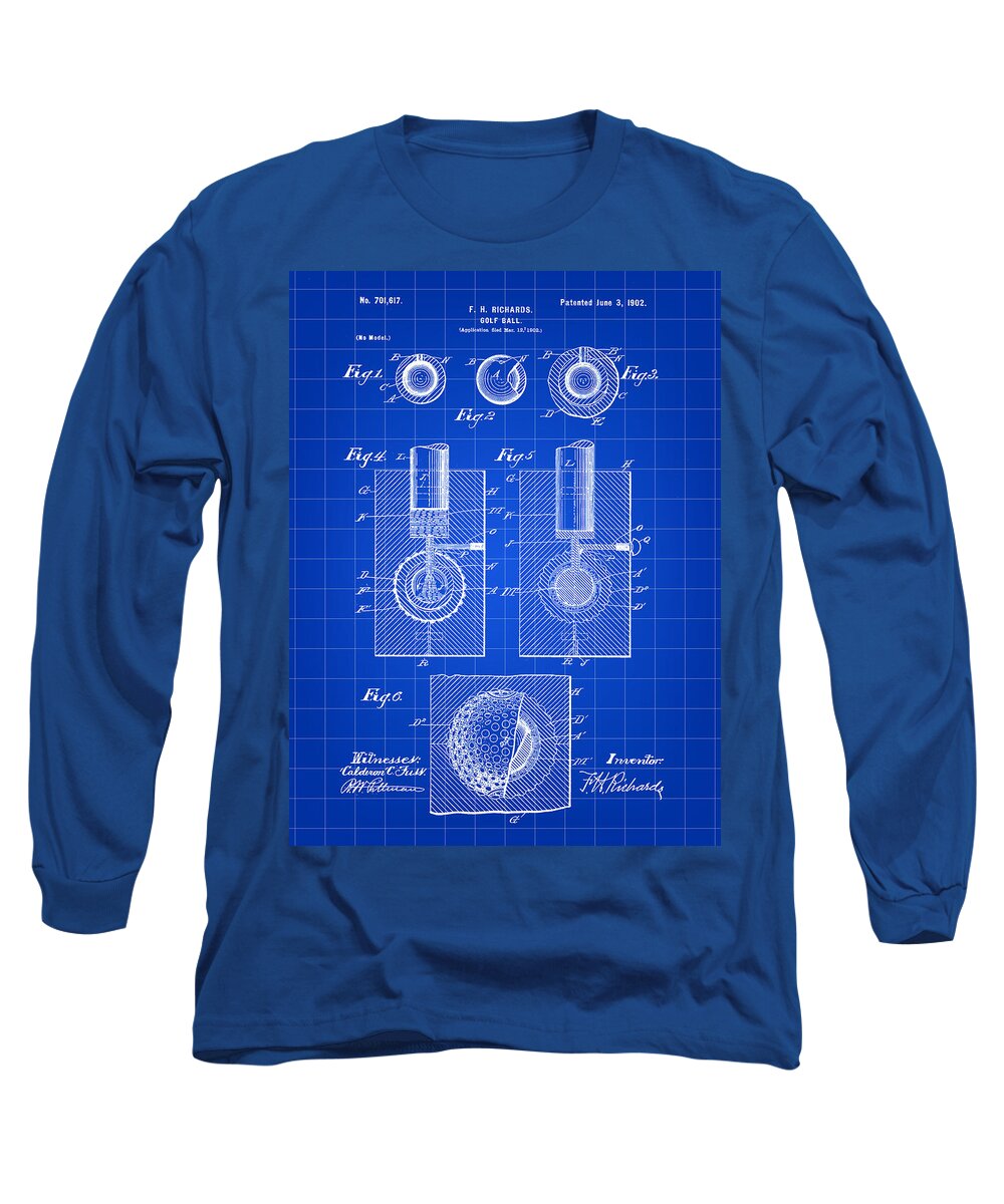 Patent Long Sleeve T-Shirt featuring the digital art Golf Ball Patent 1902 - Blue by Stephen Younts