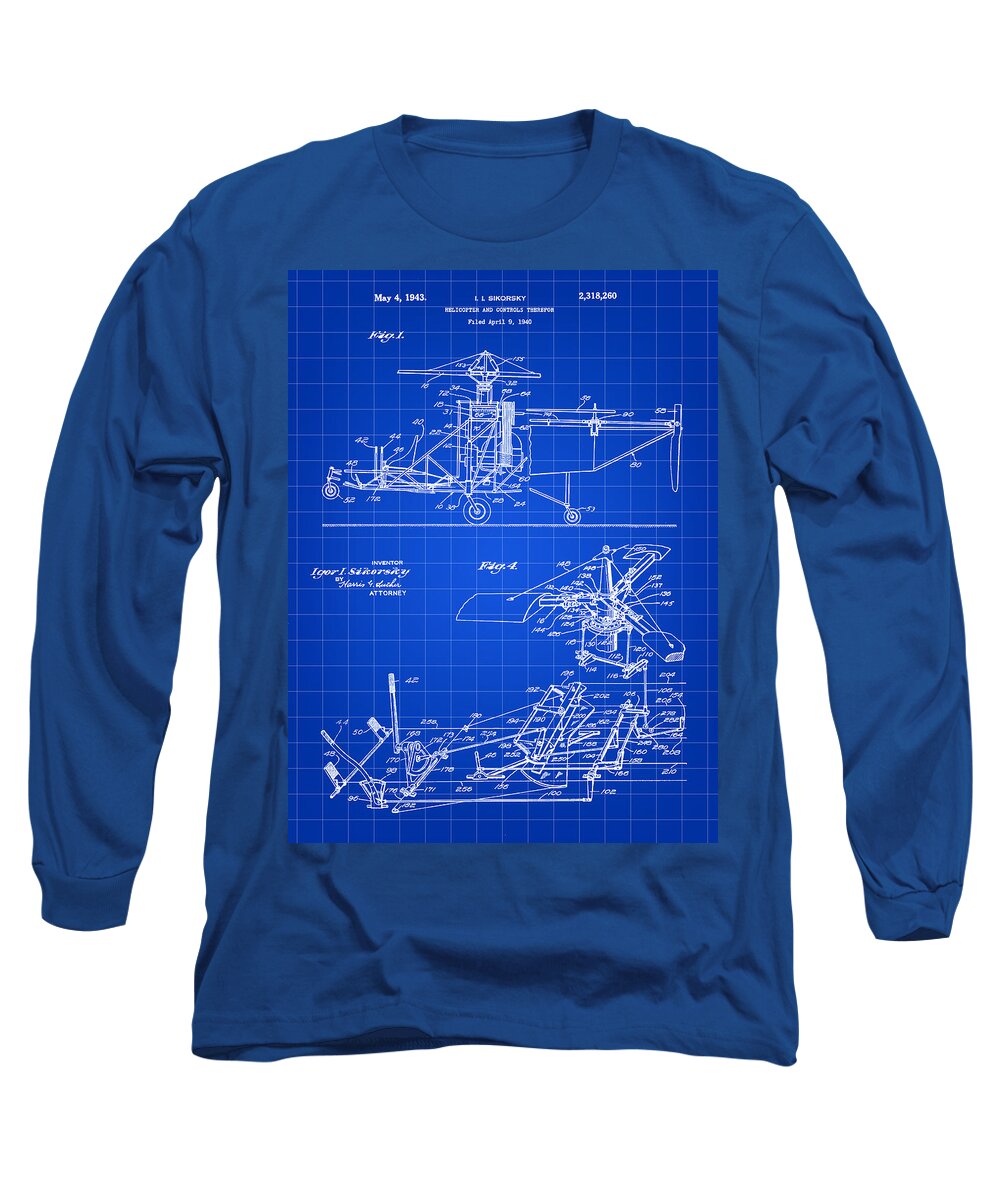 Helicopter Long Sleeve T-Shirt featuring the digital art Helicopter Patent 1940 - Blue by Stephen Younts