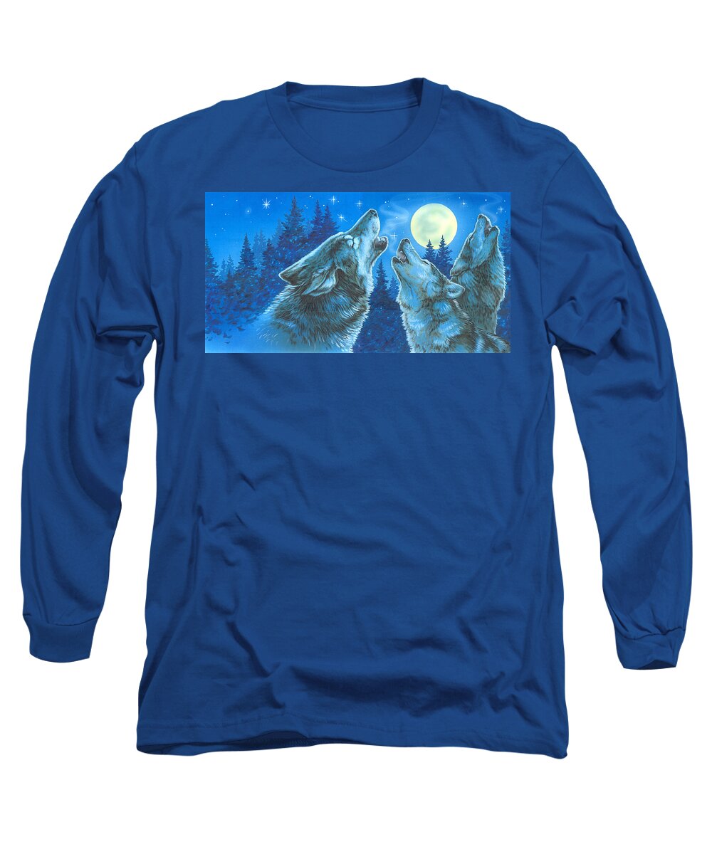 Wolves Long Sleeve T-Shirt featuring the painting Moon Song by Richard De Wolfe