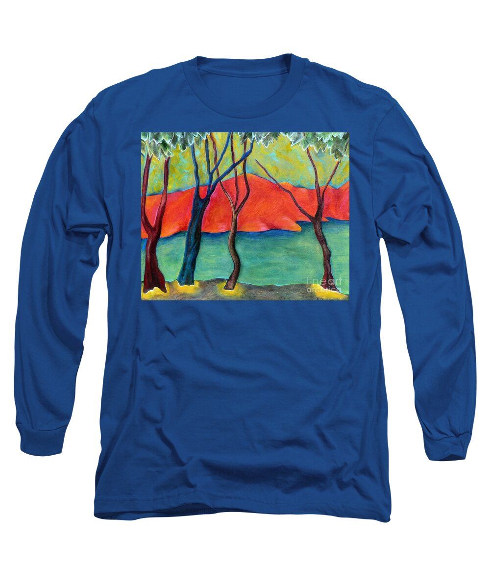 Landscape With Stylized Trees Long Sleeve T-Shirt featuring the painting Blue Tree 2 by Elizabeth Fontaine-Barr