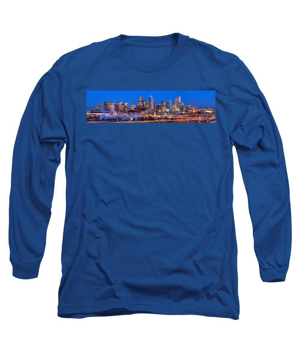 Denver Skyline Long Sleeve T-Shirt featuring the photograph Denver Skyline at Dusk Evening Color Evening Extra Wide Panorama Broncos by Jon Holiday
