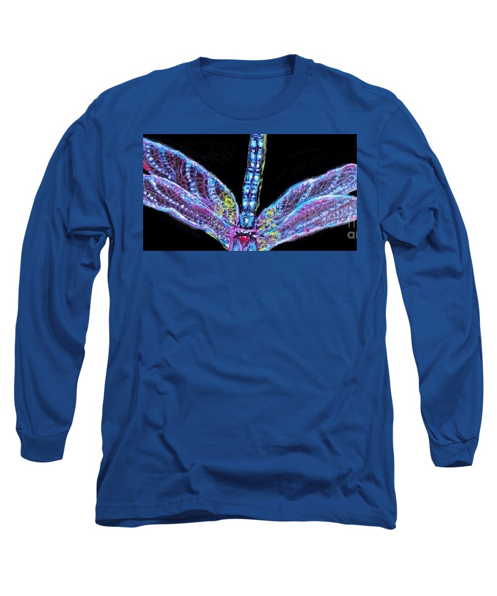 Nature Paintings Blue Dragonfly Paintings With Black Background Blue Ethereal Looking Wings Of A Dragonfly Illuminated Acrylic Paintings Long Sleeve T-Shirt featuring the painting Ethereal Wings of Blue by Kimberlee Baxter