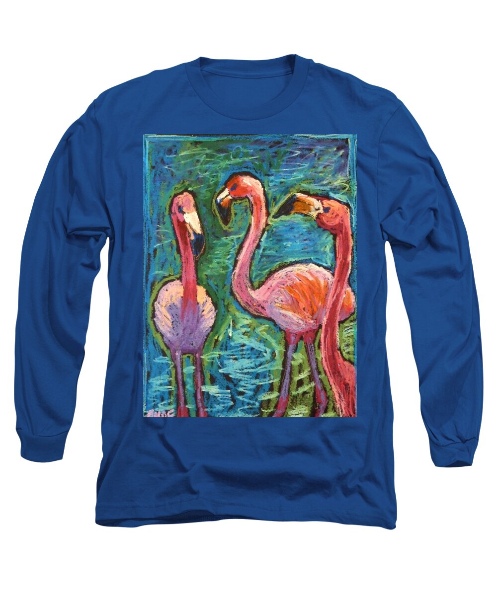 Pink Flamingoes Long Sleeve T-Shirt featuring the painting Flamingoes Wading by Ande Hall