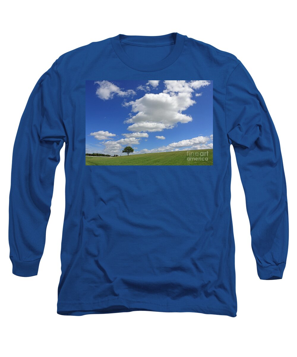 Fluffy Cumulus Clouds In A Blue Sky Epsom Downs Surrey England Uk Lone Tree British English Landscape Countryside Dramatic Scene Scenic Long Sleeve T-Shirt featuring the photograph Fluffy clouds over Epsom Downs Surrey by Julia Gavin