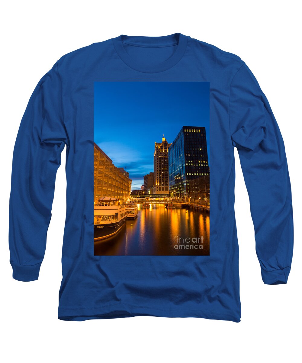 Architecture Long Sleeve T-Shirt featuring the photograph Golden Hour Milwaukee River by Andrew Slater