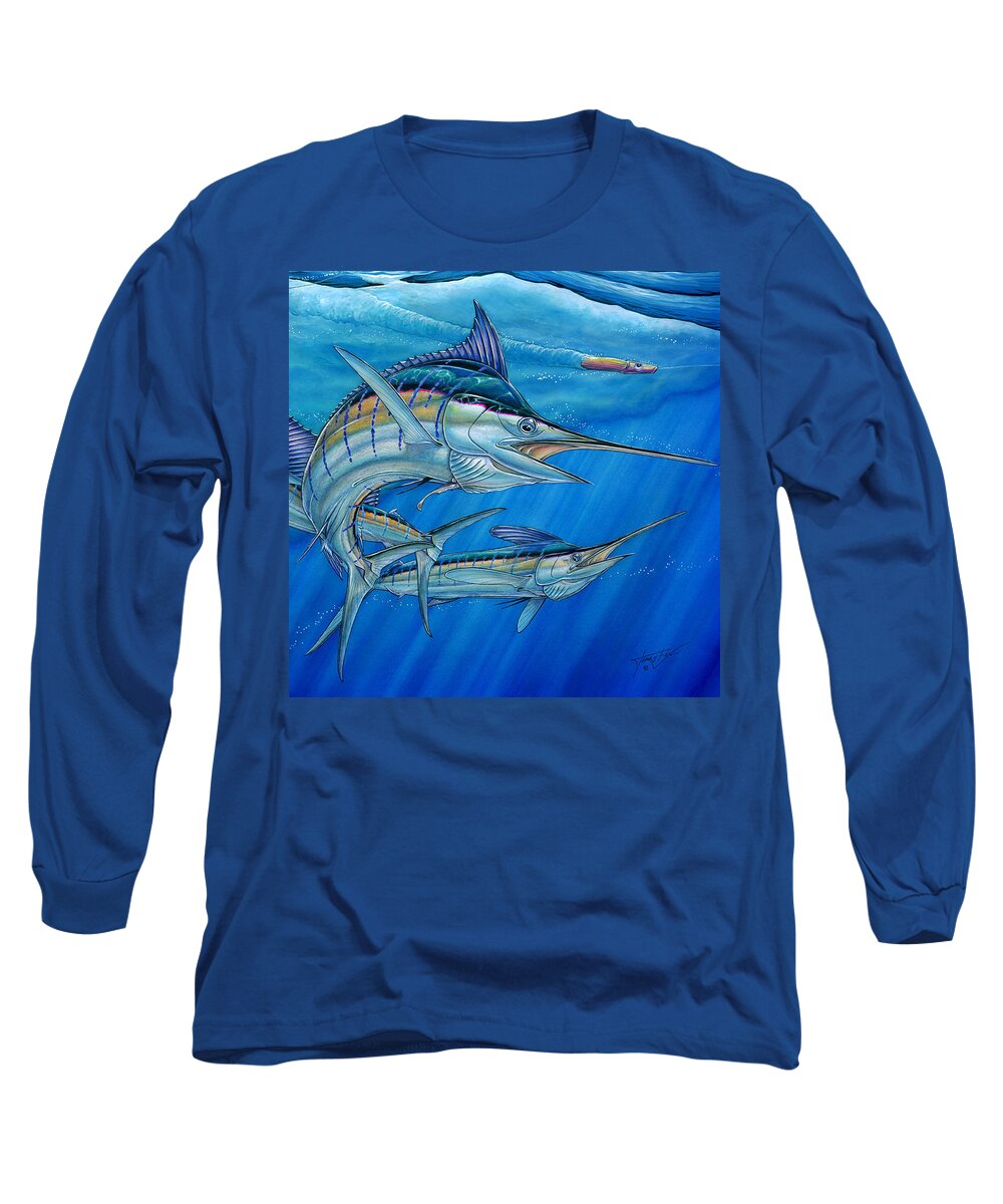 Blue Mrlin Long Sleeve T-Shirt featuring the painting Grand Slam And Lure. by Terry Fox