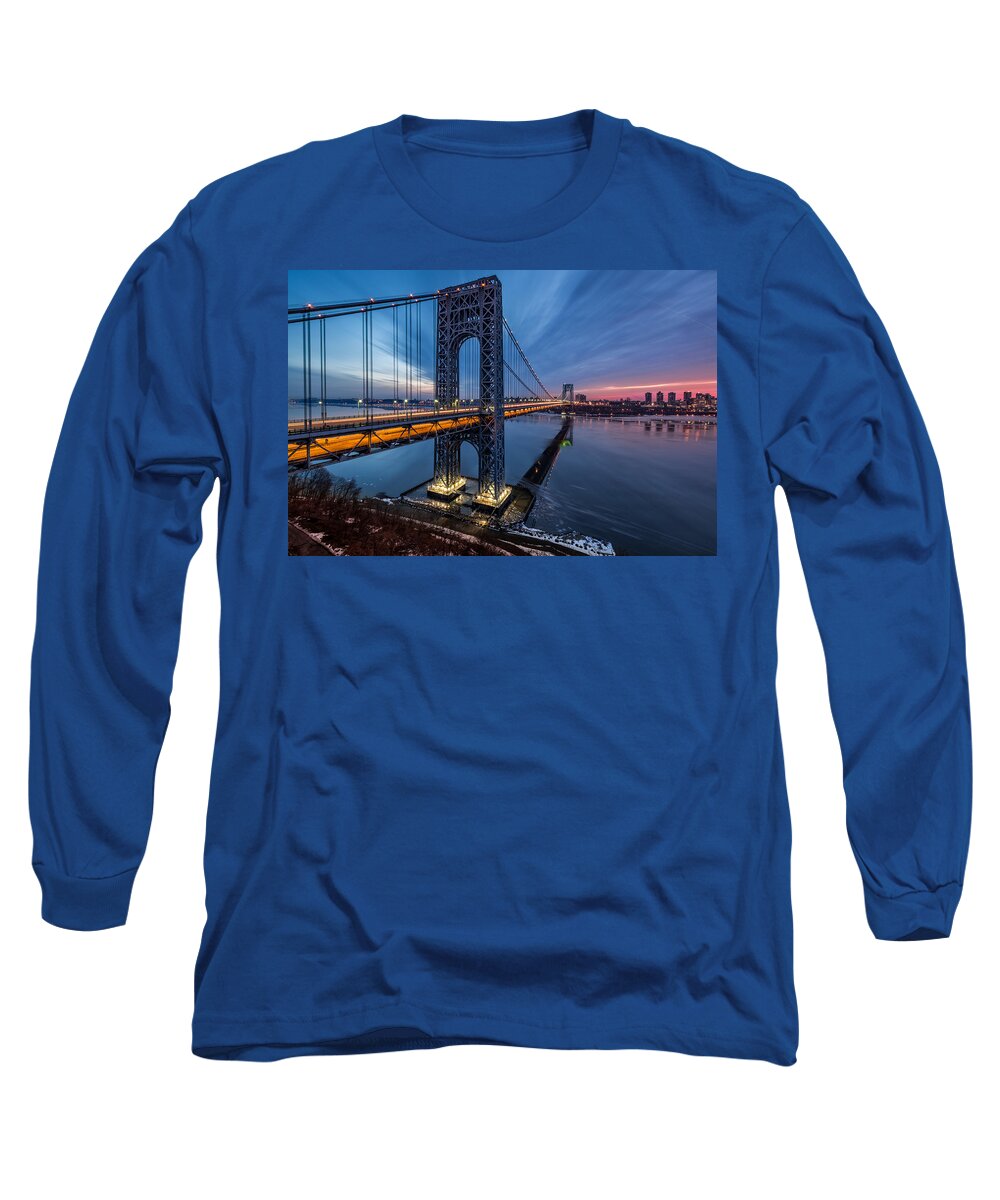 Architecture Long Sleeve T-Shirt featuring the photograph GWB Sunrise by Mihai Andritoiu
