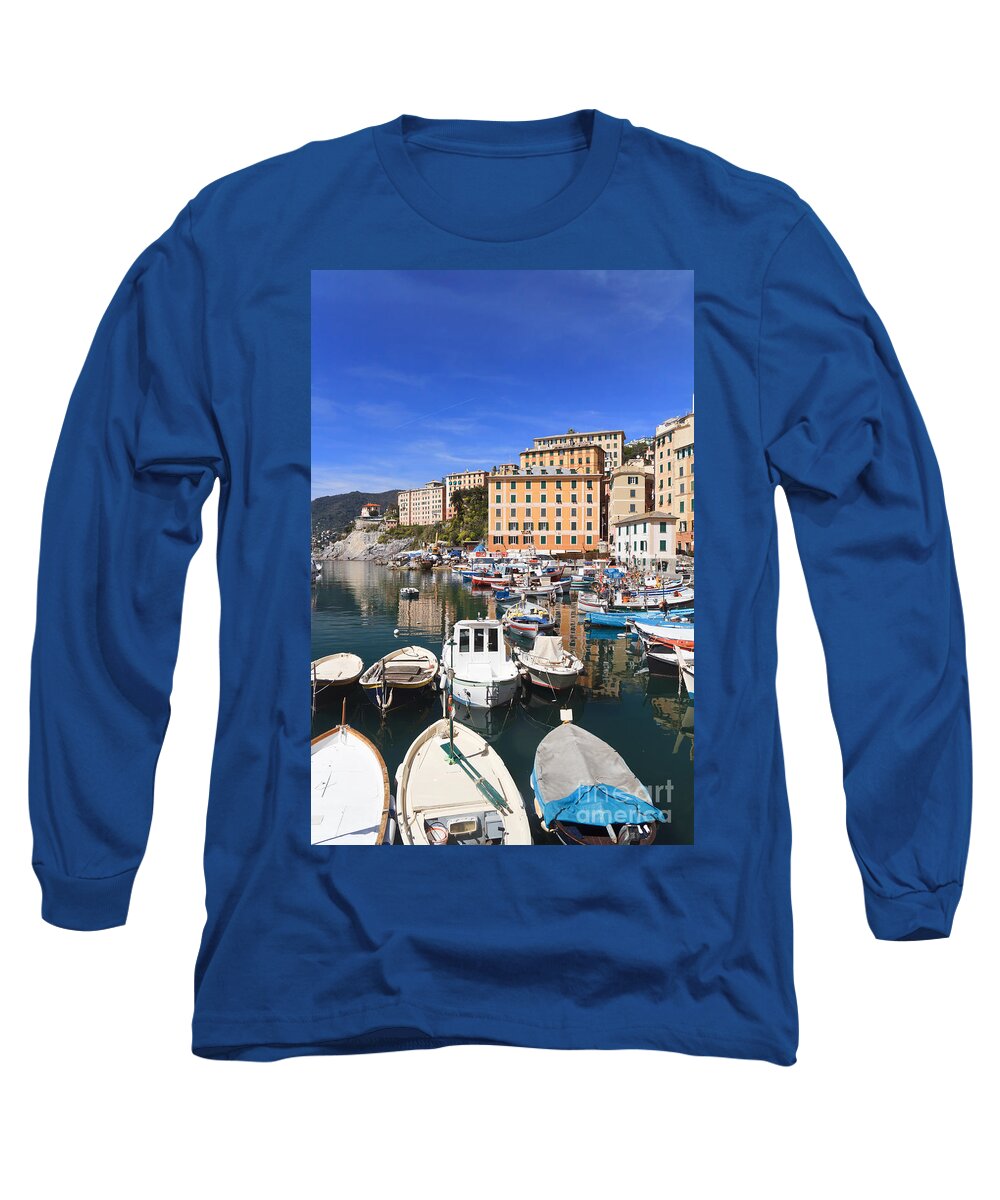 Blue Long Sleeve T-Shirt featuring the photograph harbor in Camogli - Italy by Antonio Scarpi
