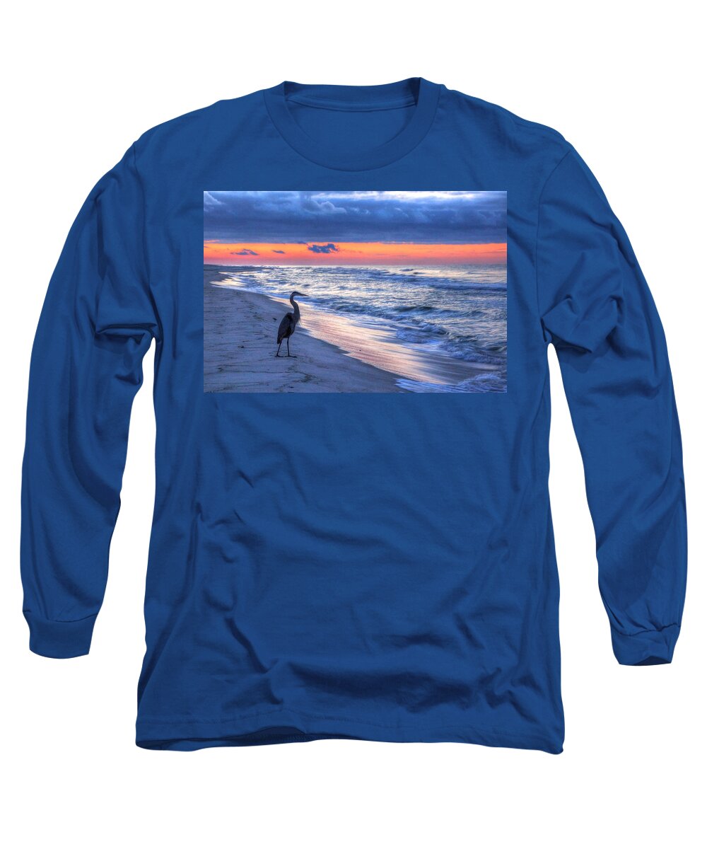 Alabama Long Sleeve T-Shirt featuring the digital art Heron on Mobile Beach by Michael Thomas