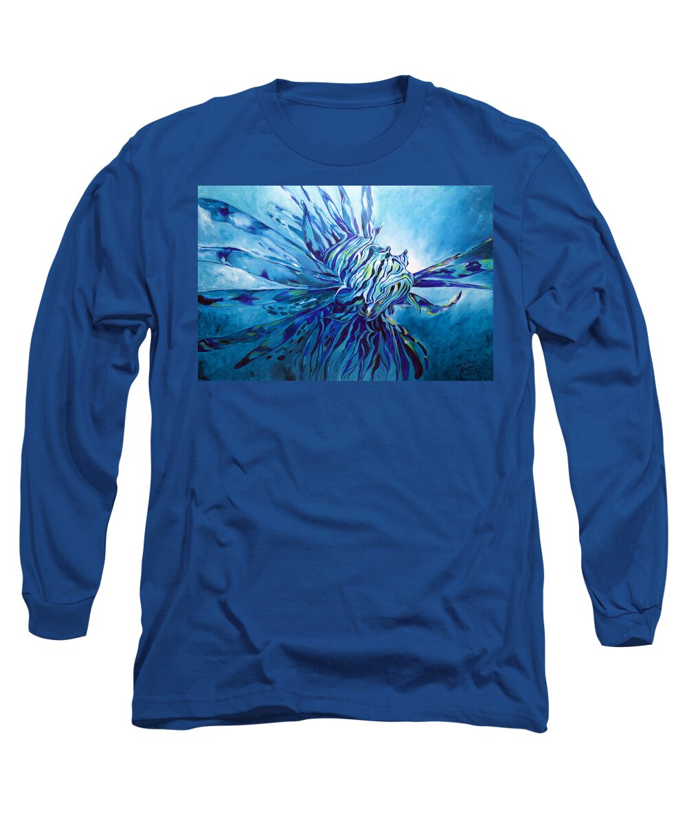 Fish Long Sleeve T-Shirt featuring the painting Lionfish Abstract Blue by Marcia Baldwin