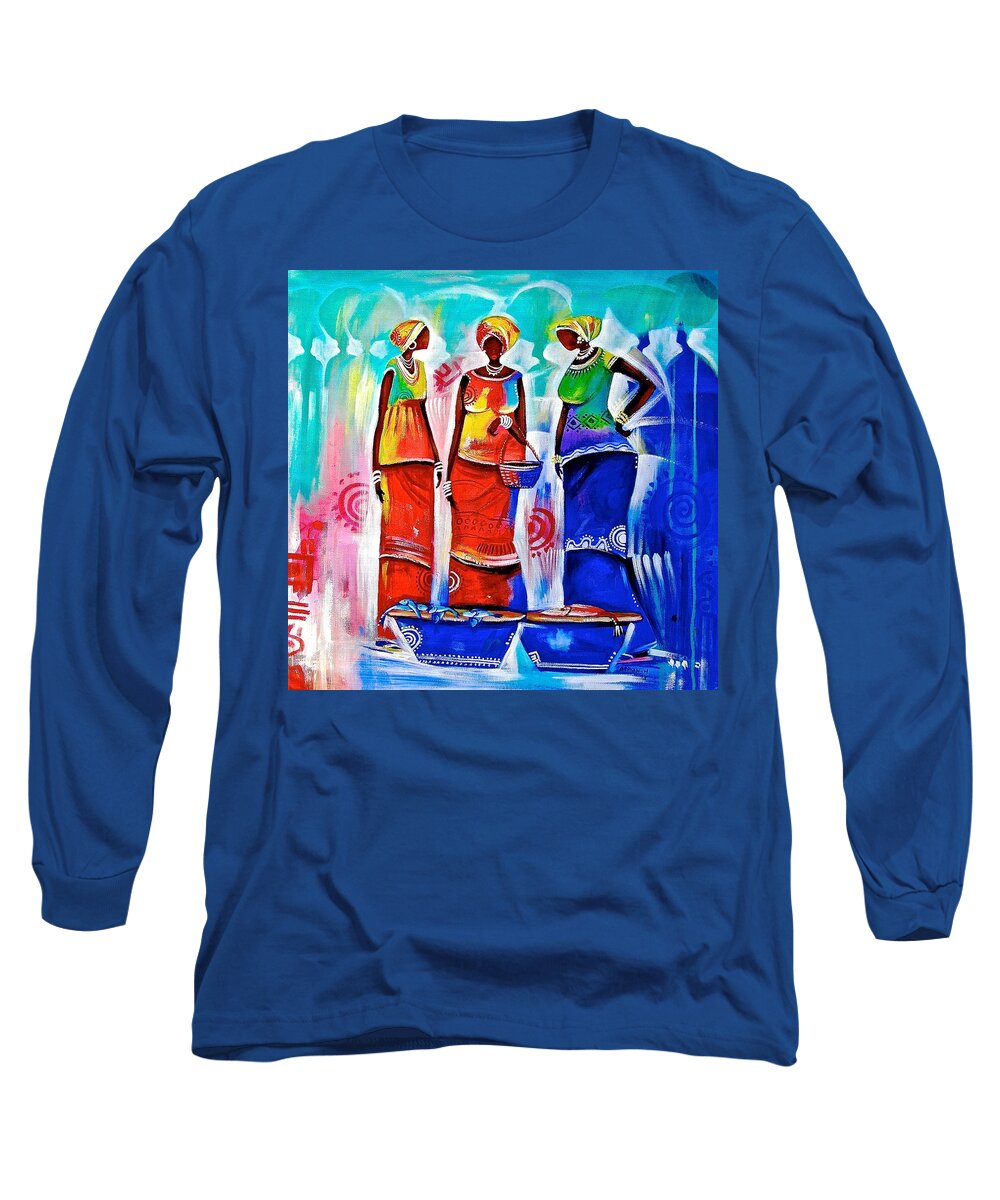 Appiah Ntaiw Long Sleeve T-Shirt featuring the painting Market Ladies by Appiah Ntiaw