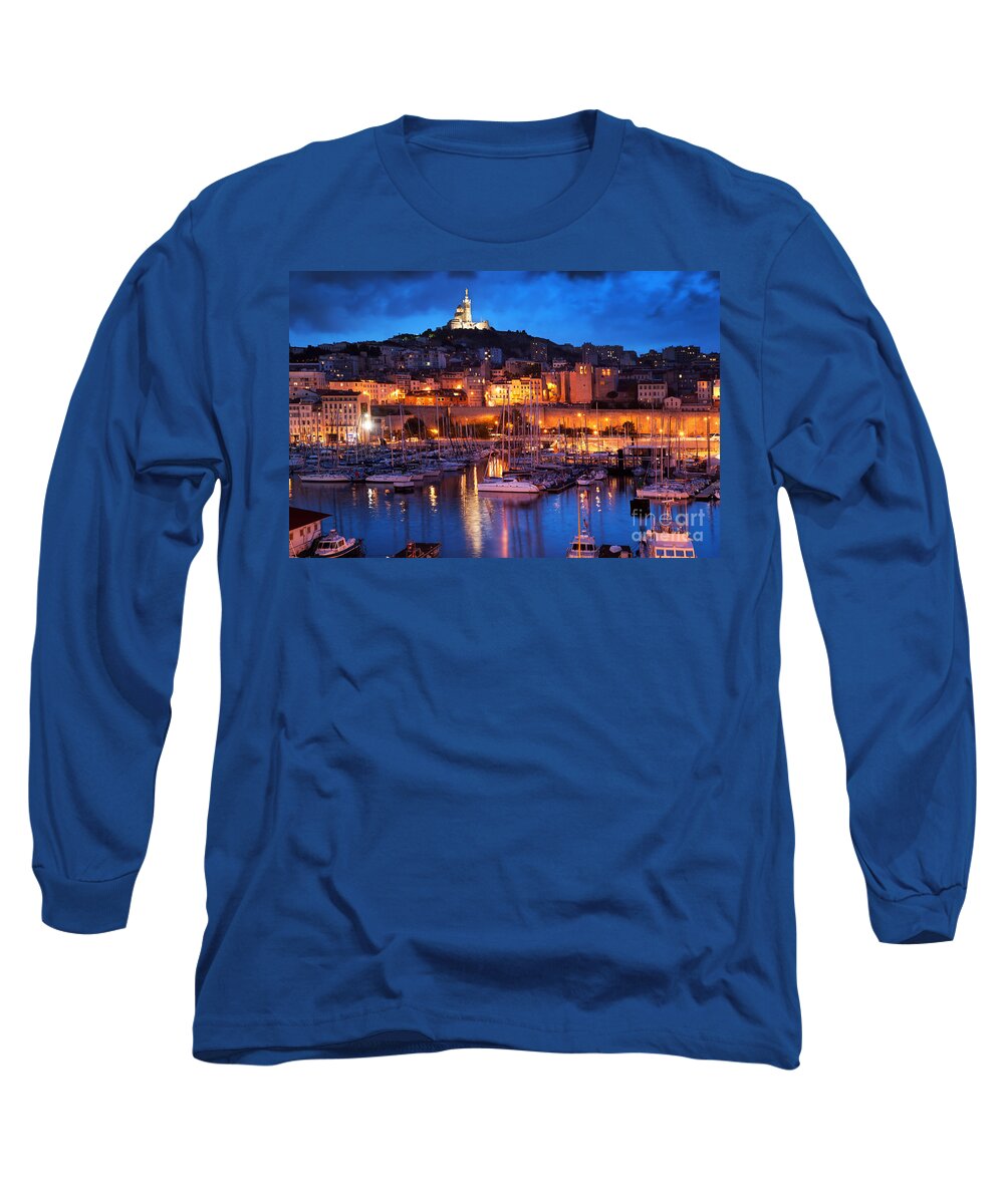 Marseille Long Sleeve T-Shirt featuring the photograph Marseille France panorama at night by Michal Bednarek