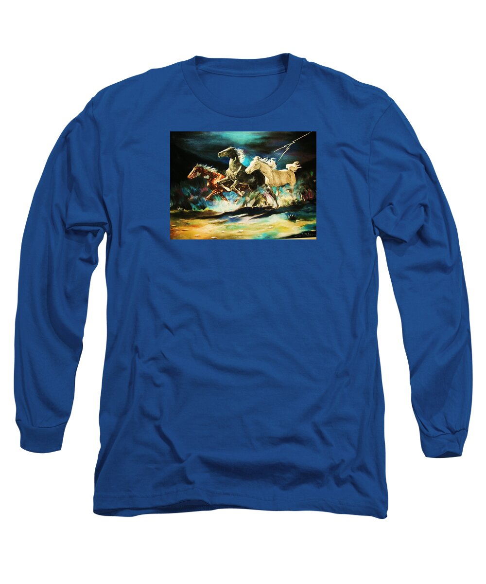 Horses Long Sleeve T-Shirt featuring the painting Midnight Stampede by Al Brown