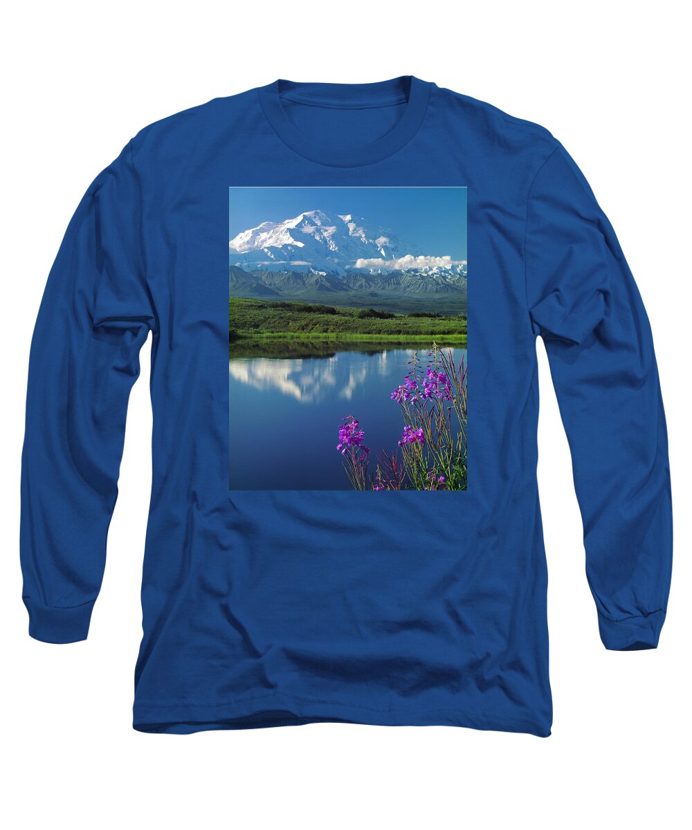 Mt. Mckinley Long Sleeve T-Shirt featuring the photograph 1M1311-Mt. McKinley Reflect and Fireweed by Ed Cooper Photography