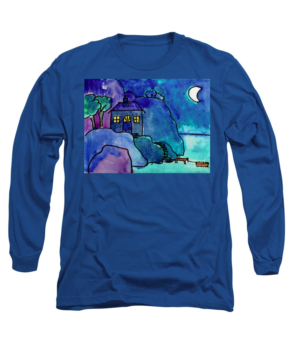 Watercolor Landscape Long Sleeve T-Shirt featuring the painting Night Harbor by Jessie Abrams Age Twelve
