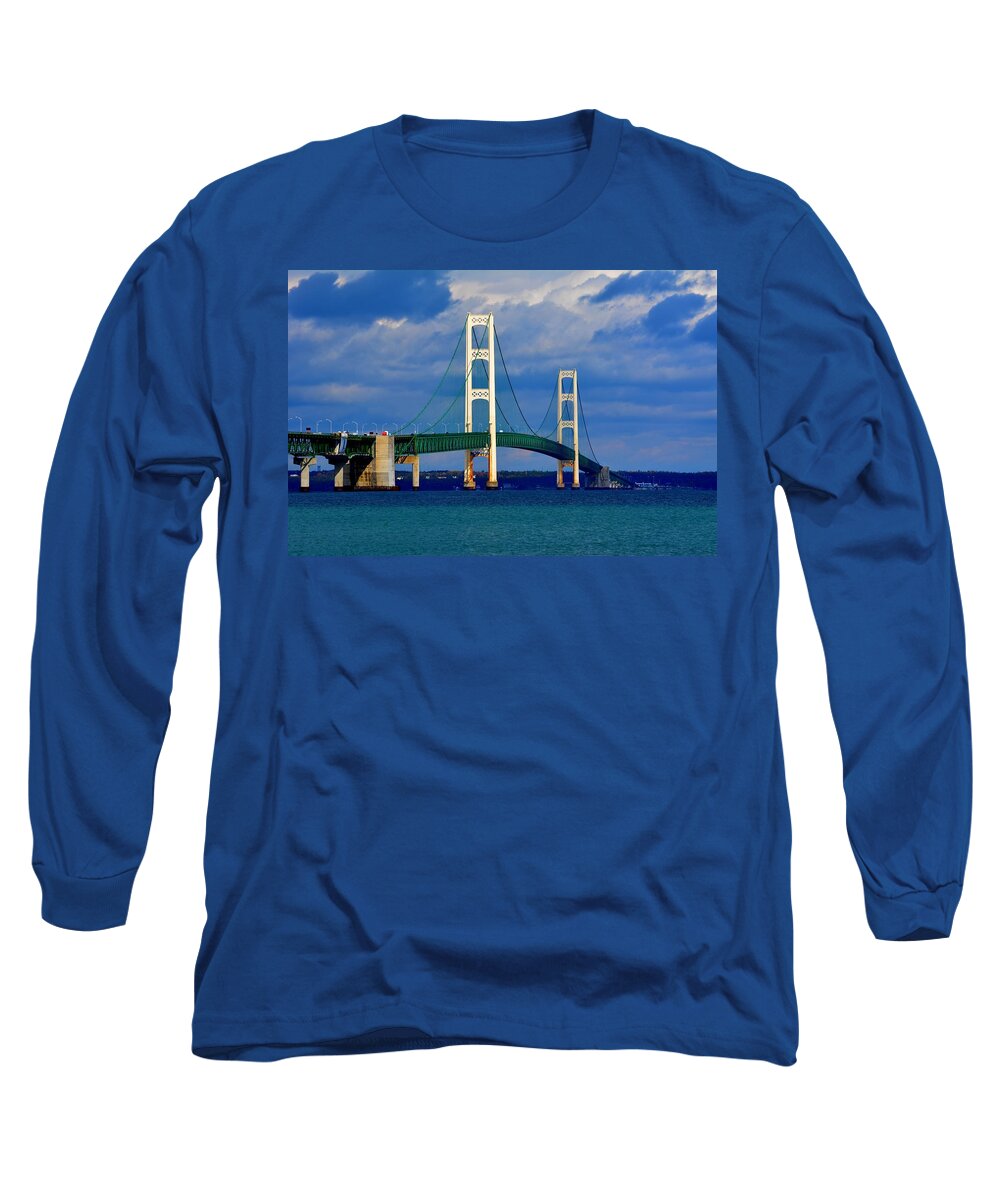 Michigan Long Sleeve T-Shirt featuring the photograph October Sky Mackinac Bridge by Keith Stokes