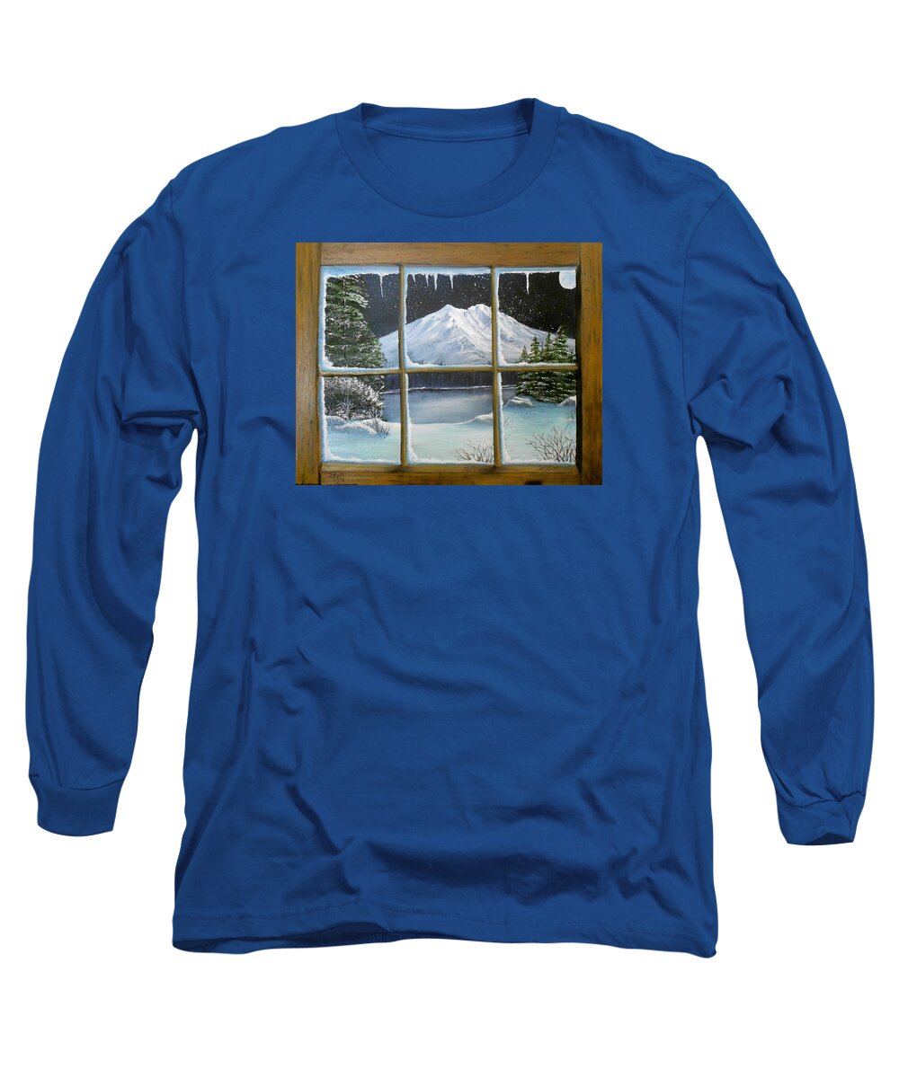 Window Long Sleeve T-Shirt featuring the painting Out My Window-Bright Winter's Night by Sheri Keith