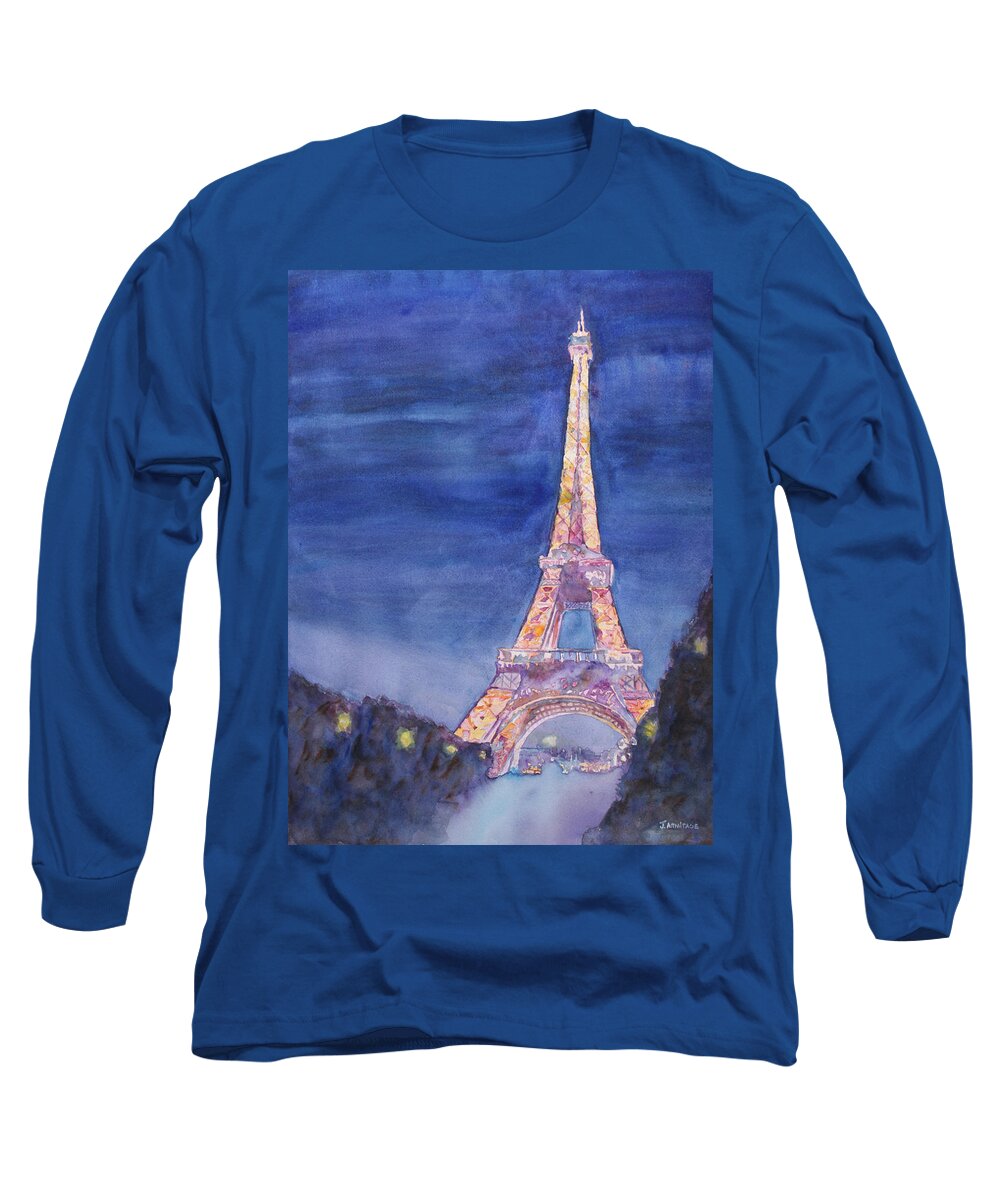 Paris Giant Watercolor Eiffel Tower Night Lighted Blue Gold Yellow Drama Dramatic Time Evening Wet Rain Rainy Dark France Long Sleeve T-Shirt featuring the painting Paris Giant by Jenny Armitage