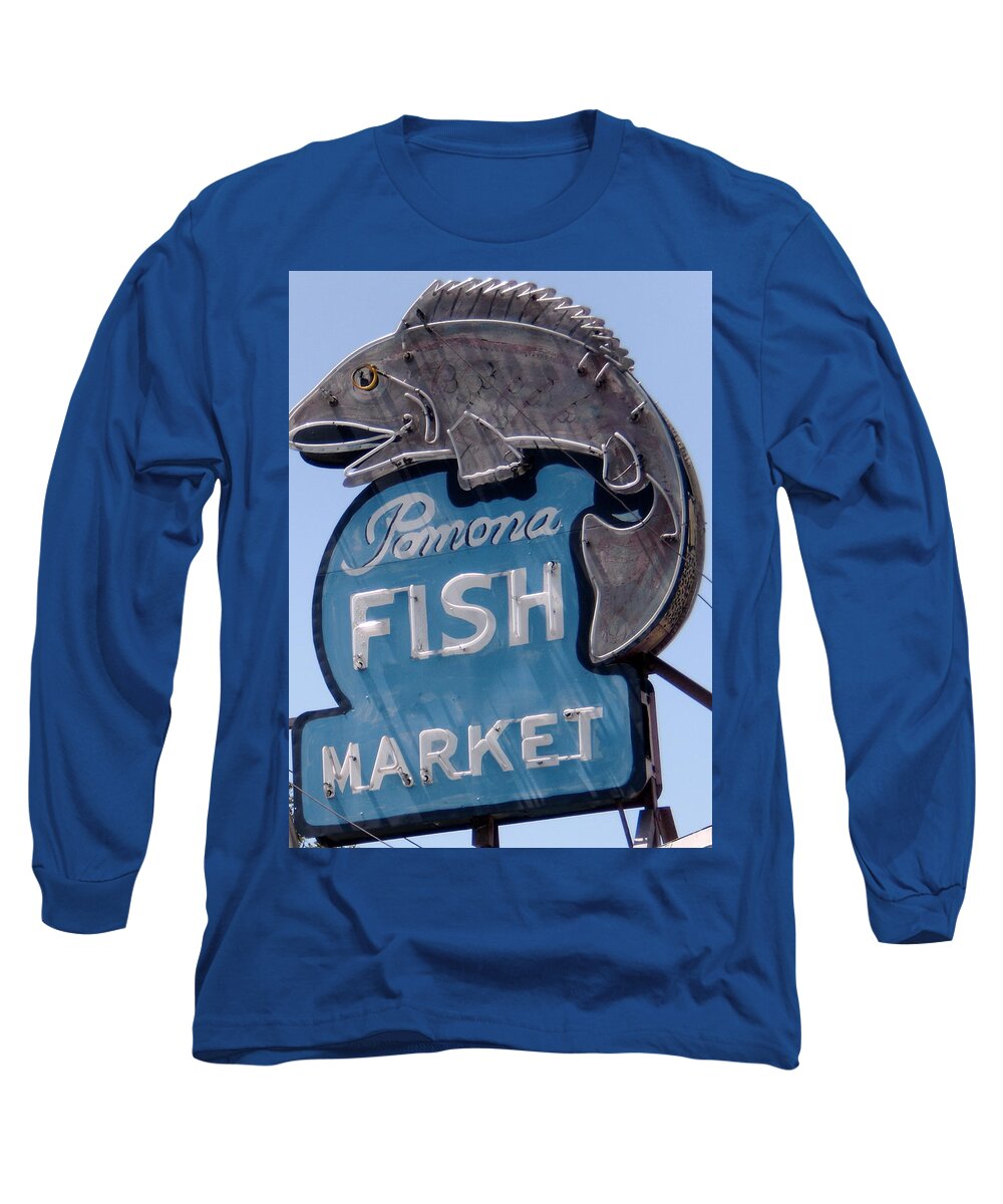 Neon Fish Sign Long Sleeve T-Shirt featuring the photograph Pomona Fish Market Sign by Gerry High