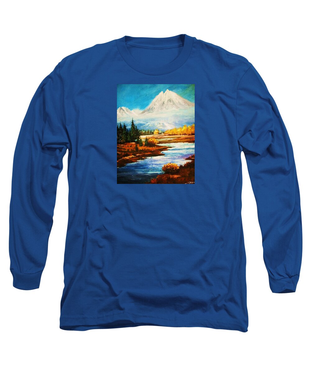 Mountains Long Sleeve T-Shirt featuring the painting Snow White Peaks by Al Brown
