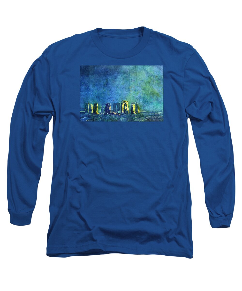 Stonehenge Ruins Long Sleeve T-Shirt featuring the painting Stonehenge in Moonlight by Ryan Fox