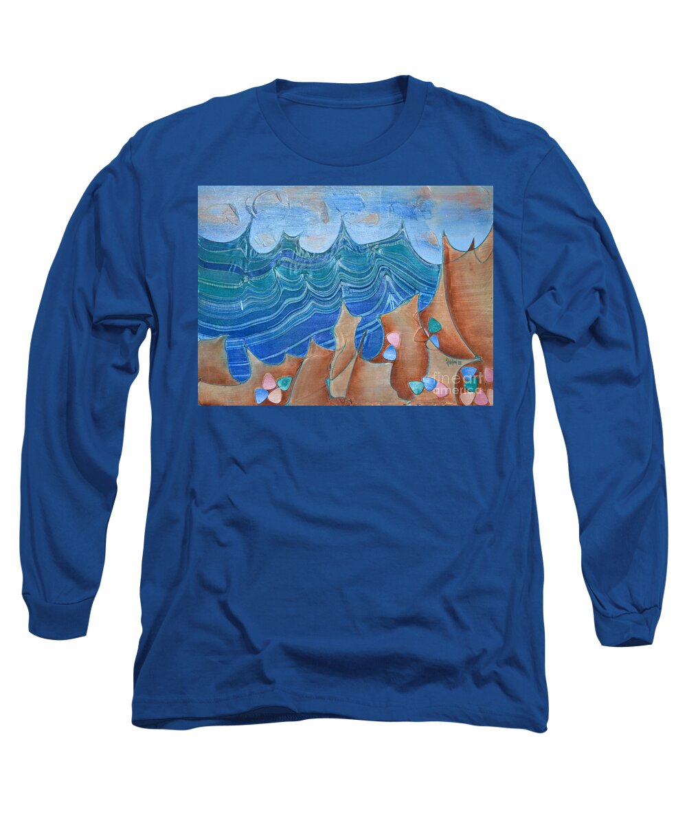 Seascape Long Sleeve T-Shirt featuring the painting Stormy Cliffs by Lynellen Nielsen