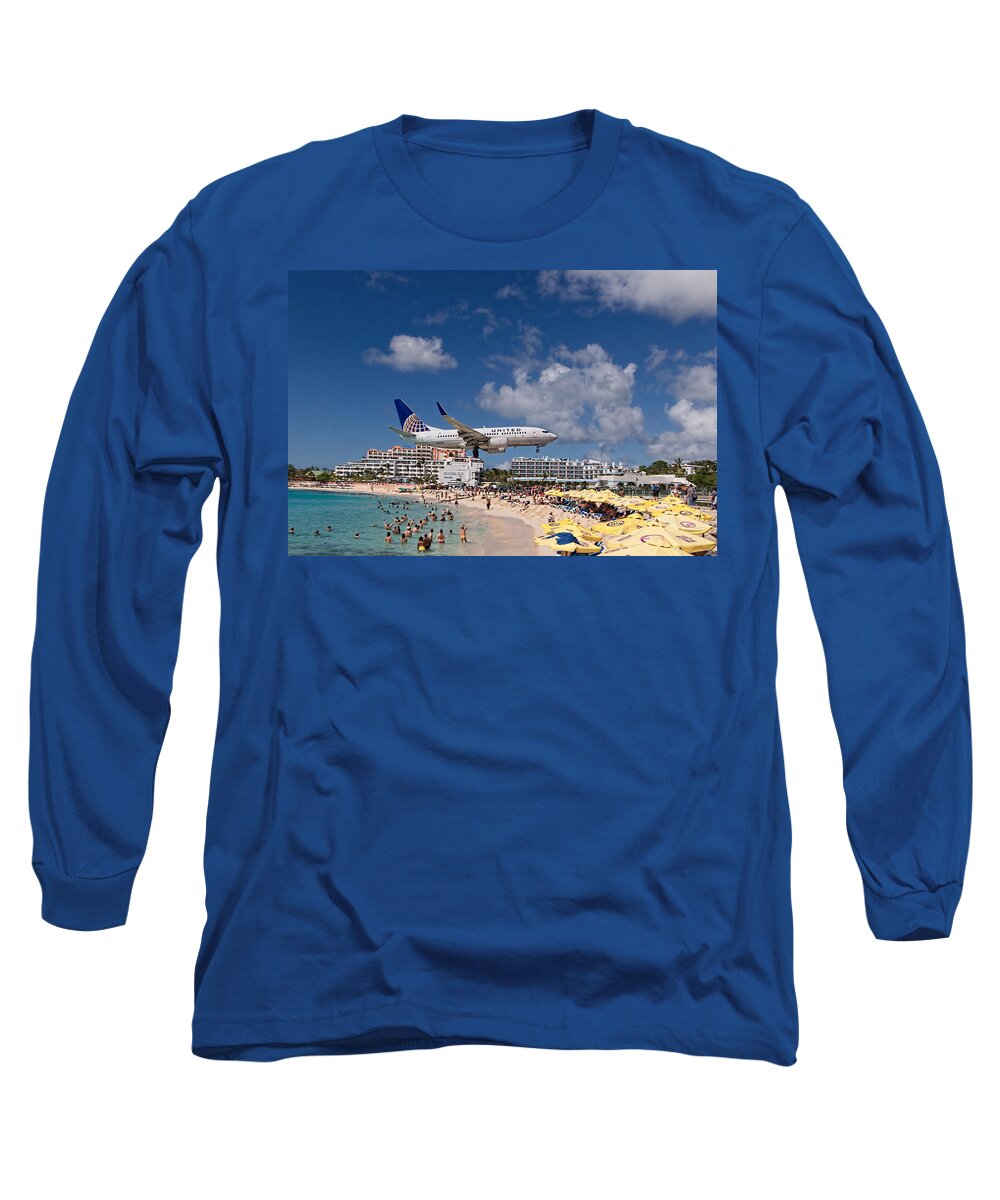 United Long Sleeve T-Shirt featuring the photograph United low approach St Maarten by David Gleeson