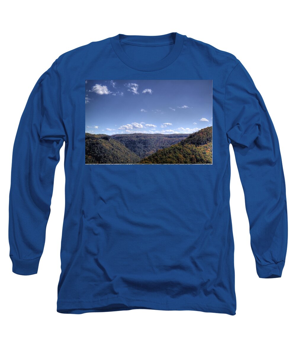 River Long Sleeve T-Shirt featuring the photograph Wide shot of tree covered hills by Jonny D
