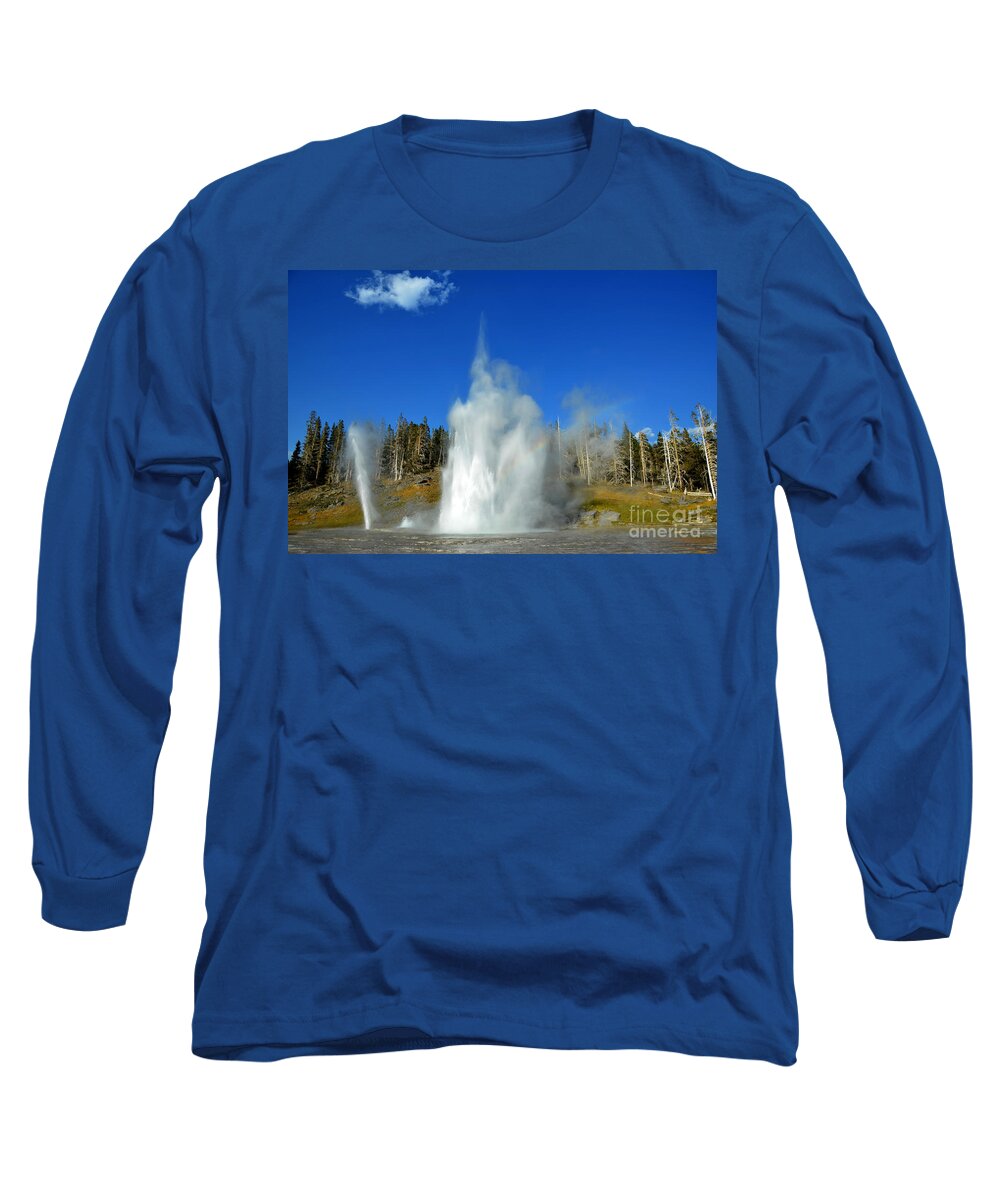 Yellowstone National Park Long Sleeve T-Shirt featuring the photograph Yellowstone Grand Geyser and Rainbow by Debra Thompson