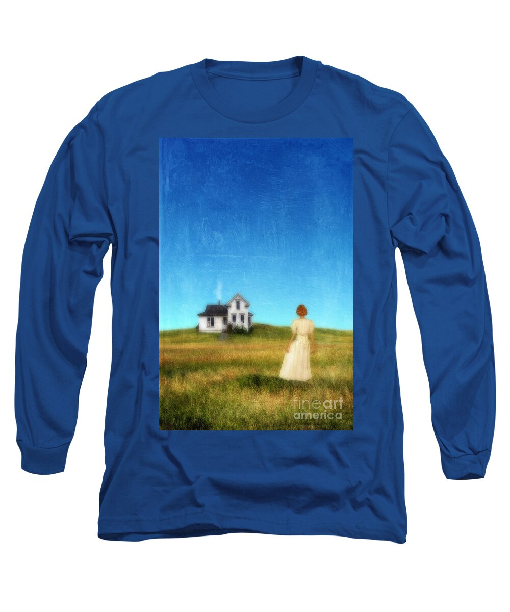 Woman Long Sleeve T-Shirt featuring the photograph Girl Near House on Prairie by Jill Battaglia