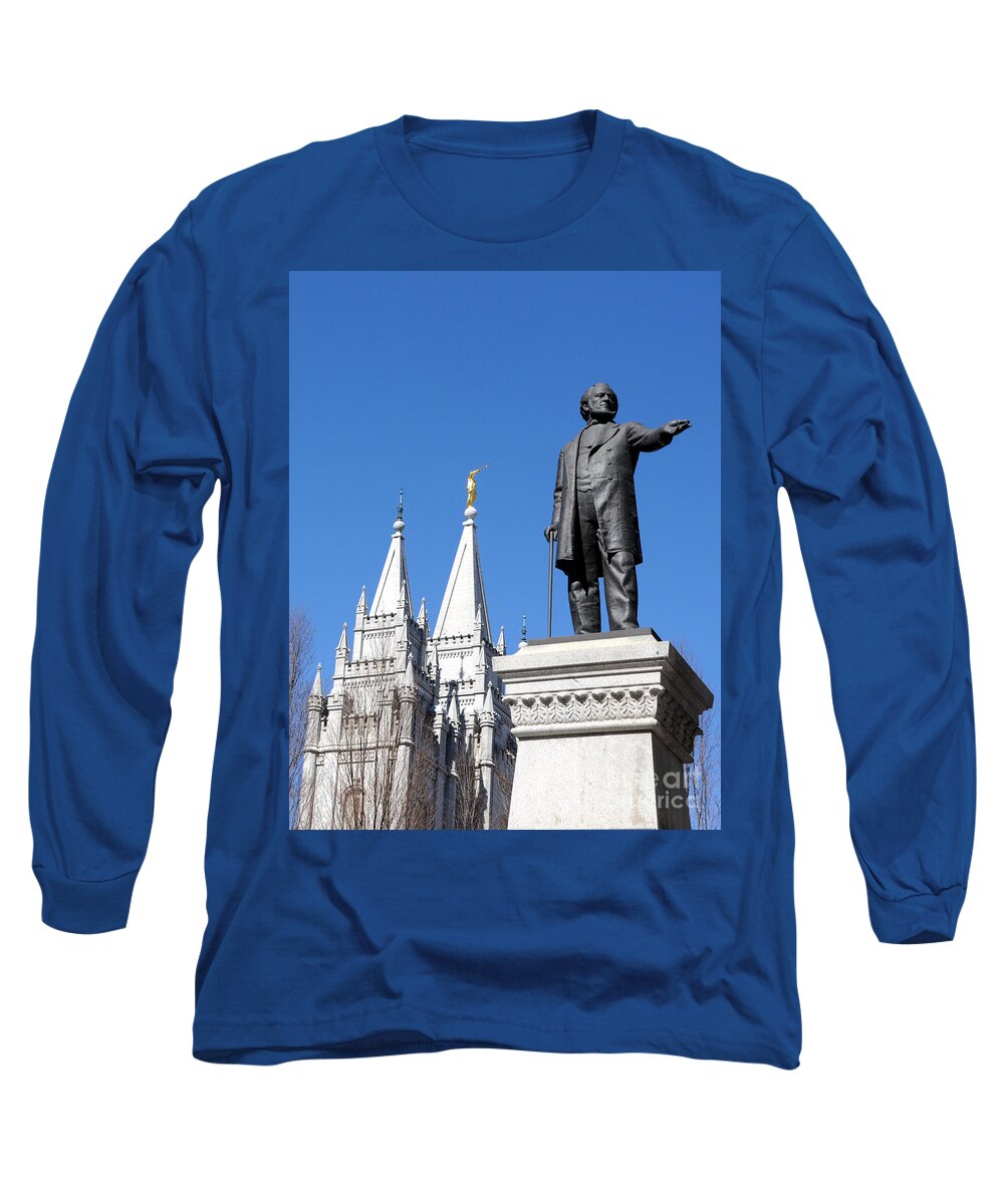 Lds Long Sleeve T-Shirt featuring the photograph Historic Salt Lake Mormon LDS Temple and Brigham Young by Gary Whitton