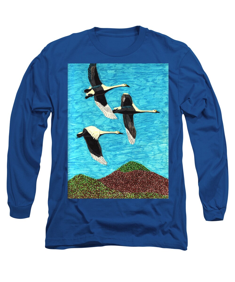 Colored Markers Long Sleeve T-Shirt featuring the mixed media Swans in Flight by Wendy McKennon