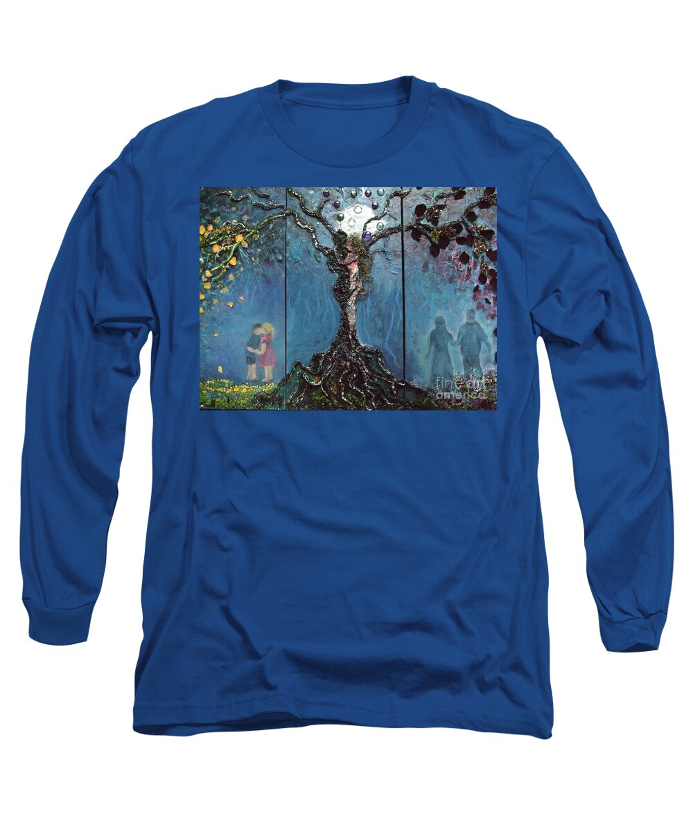 Mixed Media Tree; Tree Long Sleeve T-Shirt featuring the mixed media Three Stages of Love by Jacqui Hawk