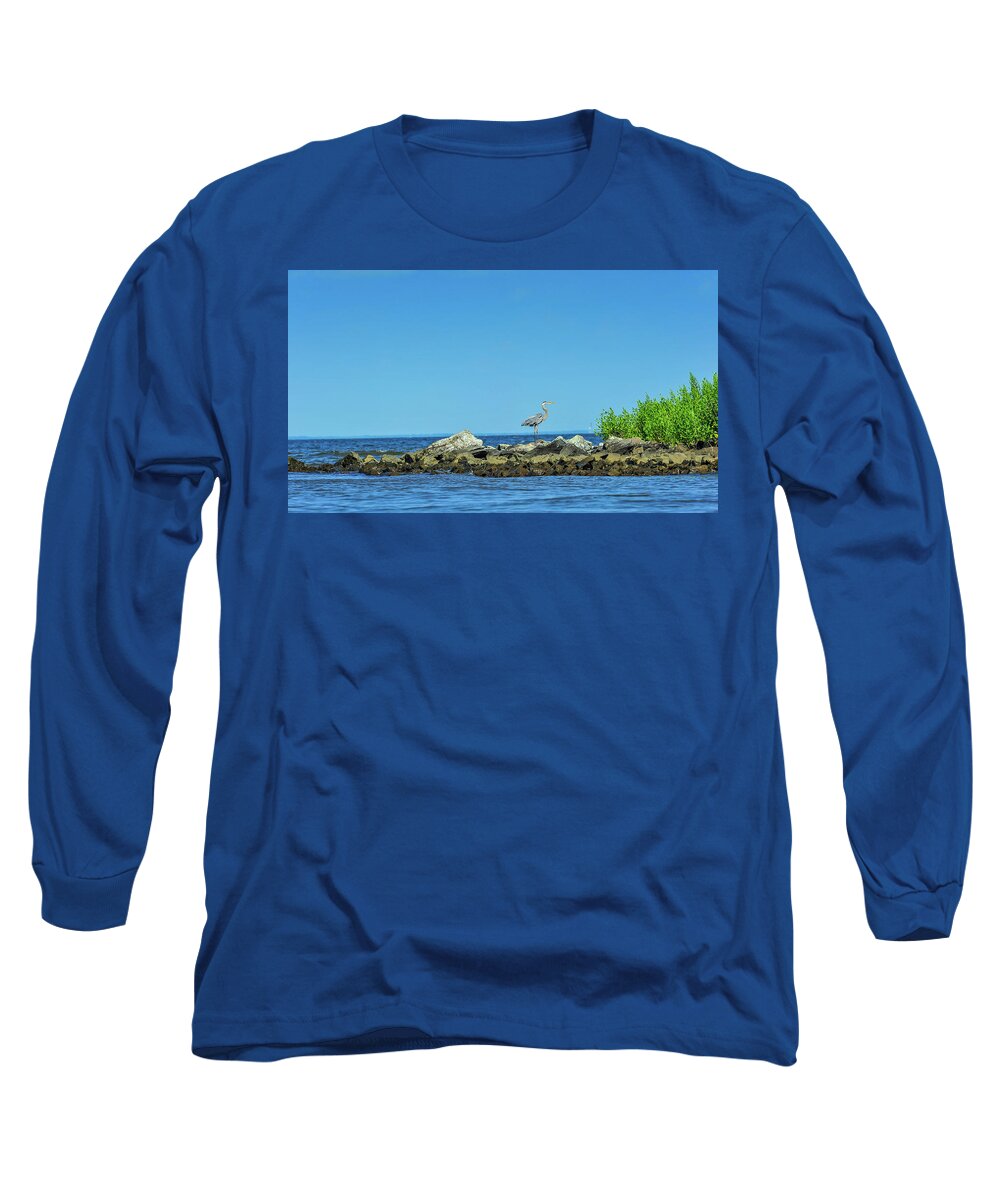 Ardea Herodias Long Sleeve T-Shirt featuring the photograph Great Blue Heron on the Chesapeake Bay #1 by Patrick Wolf