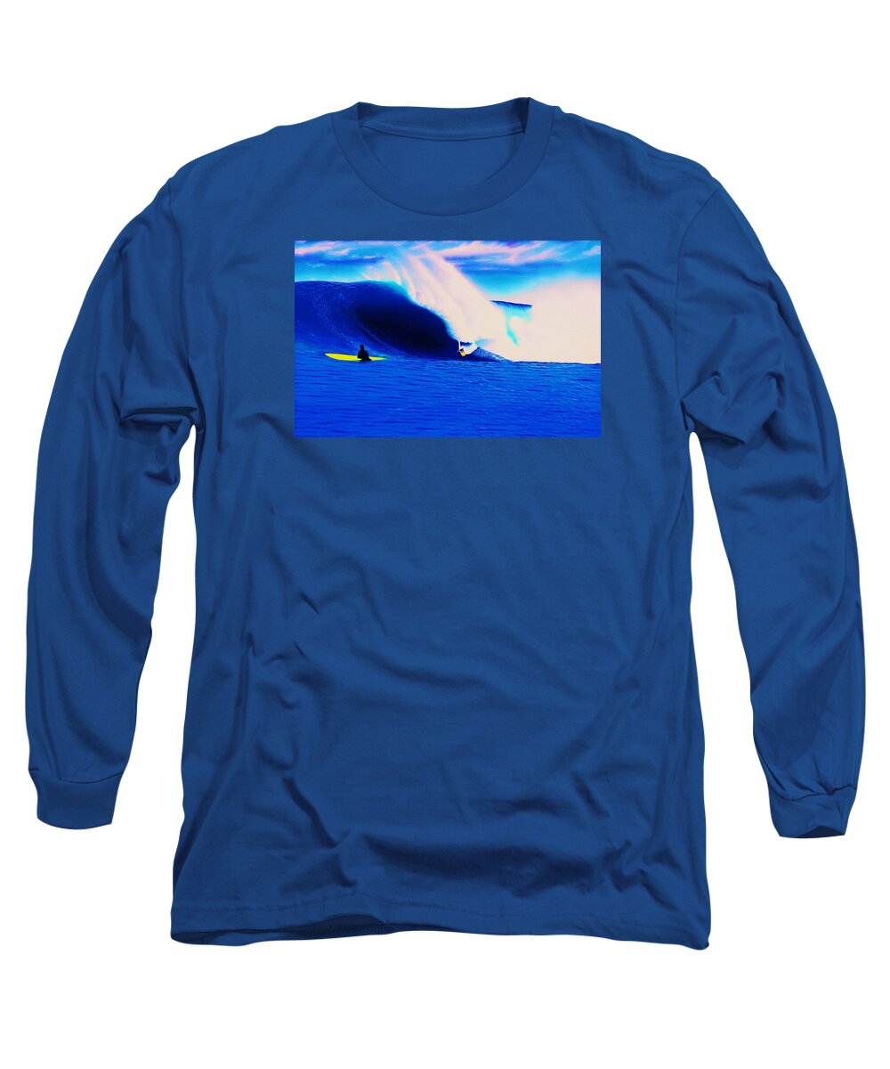 Surfing Long Sleeve T-Shirt featuring the painting Jaws 2013 by John Kaelin