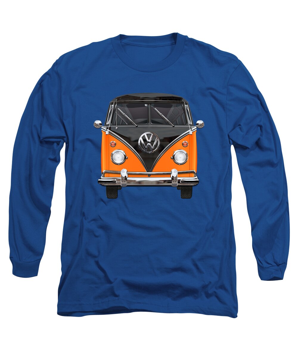 'volkswagen Type 2' Collection By Serge Averbukh Long Sleeve T-Shirt featuring the photograph Volkswagen Type 2 - Black and Orange Volkswagen T 1 Samba Bus over Blue by Serge Averbukh